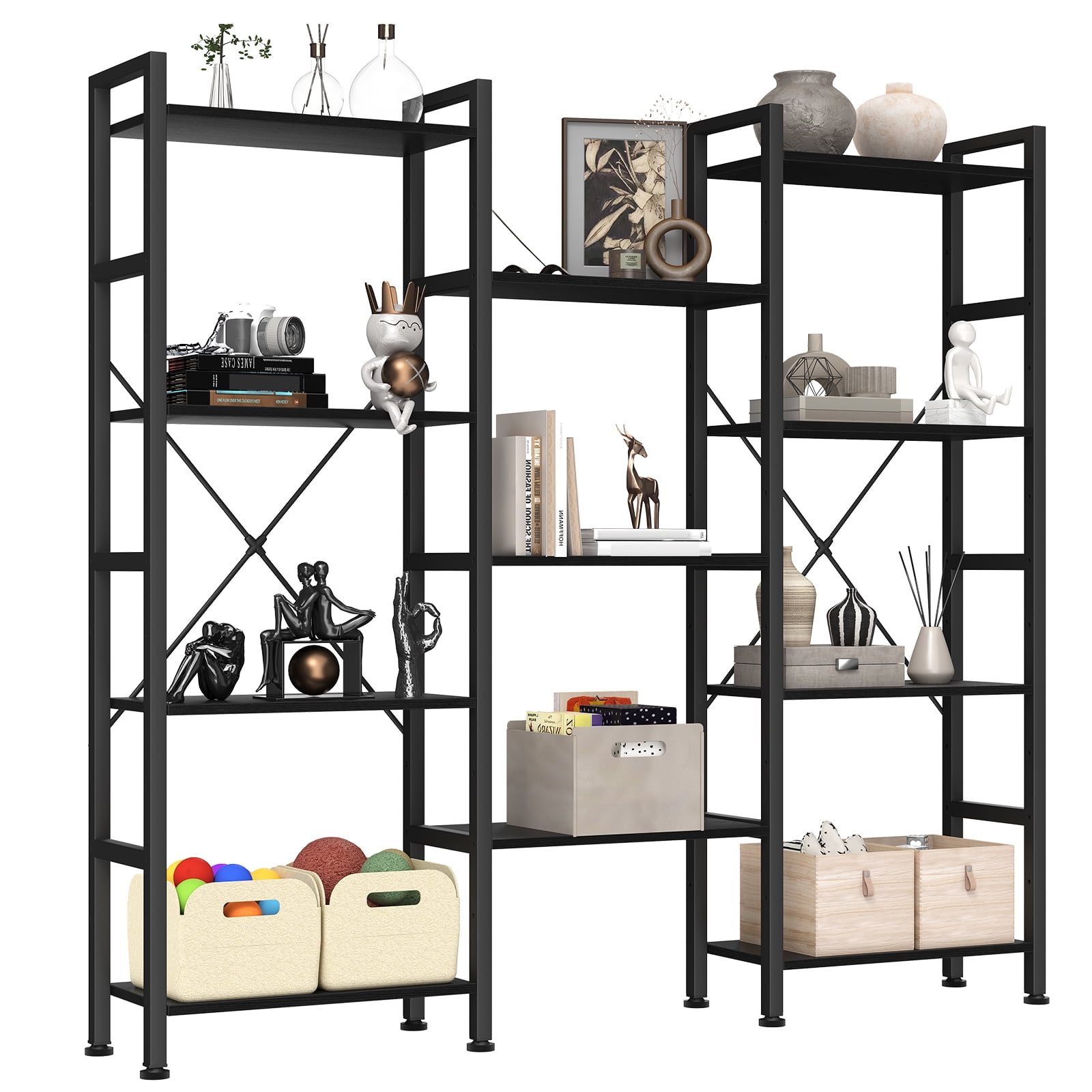 Gianna Modular Bookshelf, Adjustable Height 4-Tier Wide Display Shelves, Convertible Industrial Bookcase for Living Room, Study & Bedroom, Black