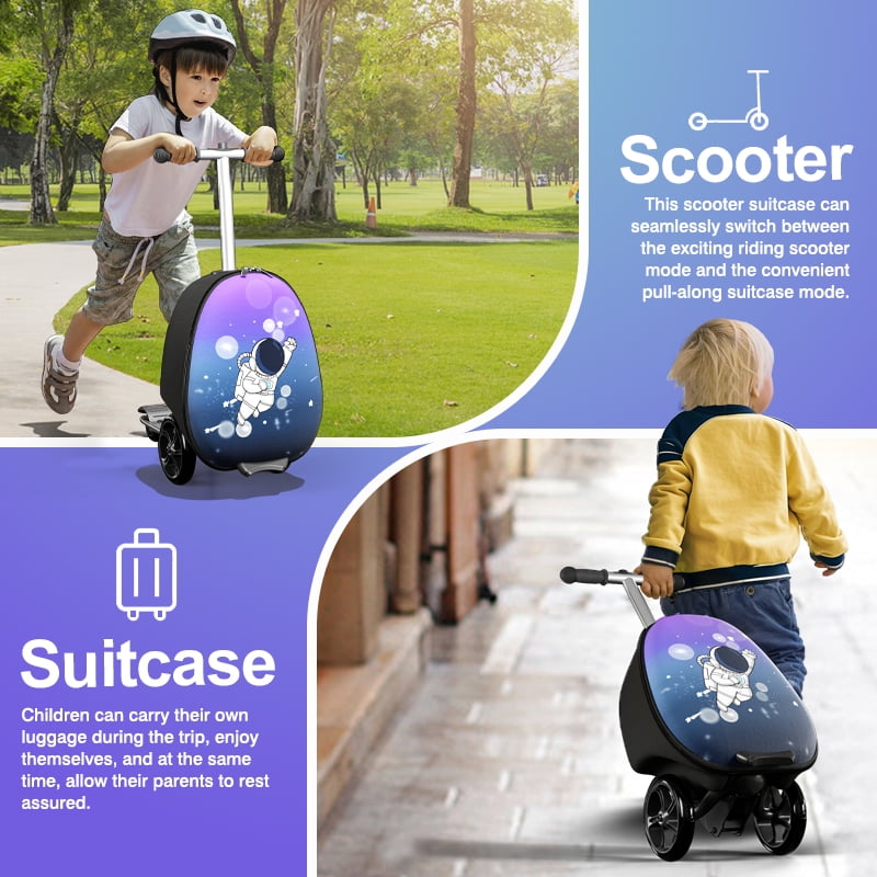 Datingday 2-in-1 Kids Scooter Luggage with LED Light-Up Wheels | Adjustable Handle | Airplane Approved Carry-On for Ages 5-12 | Foldable & Lightweight Travel Suitcase，Blue