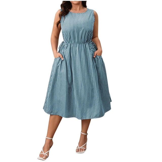 biudgviw Robe Débardeur pour Femme Grande Taille Décontractée Sans Manches à Col Ras du Cou à Rayures Évasée Midi Robe d'Été avec Poches