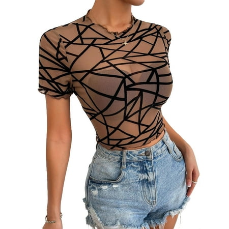 

Women s Tops Sexy Geometric Stand Collar Without Bra Coffee Brown M