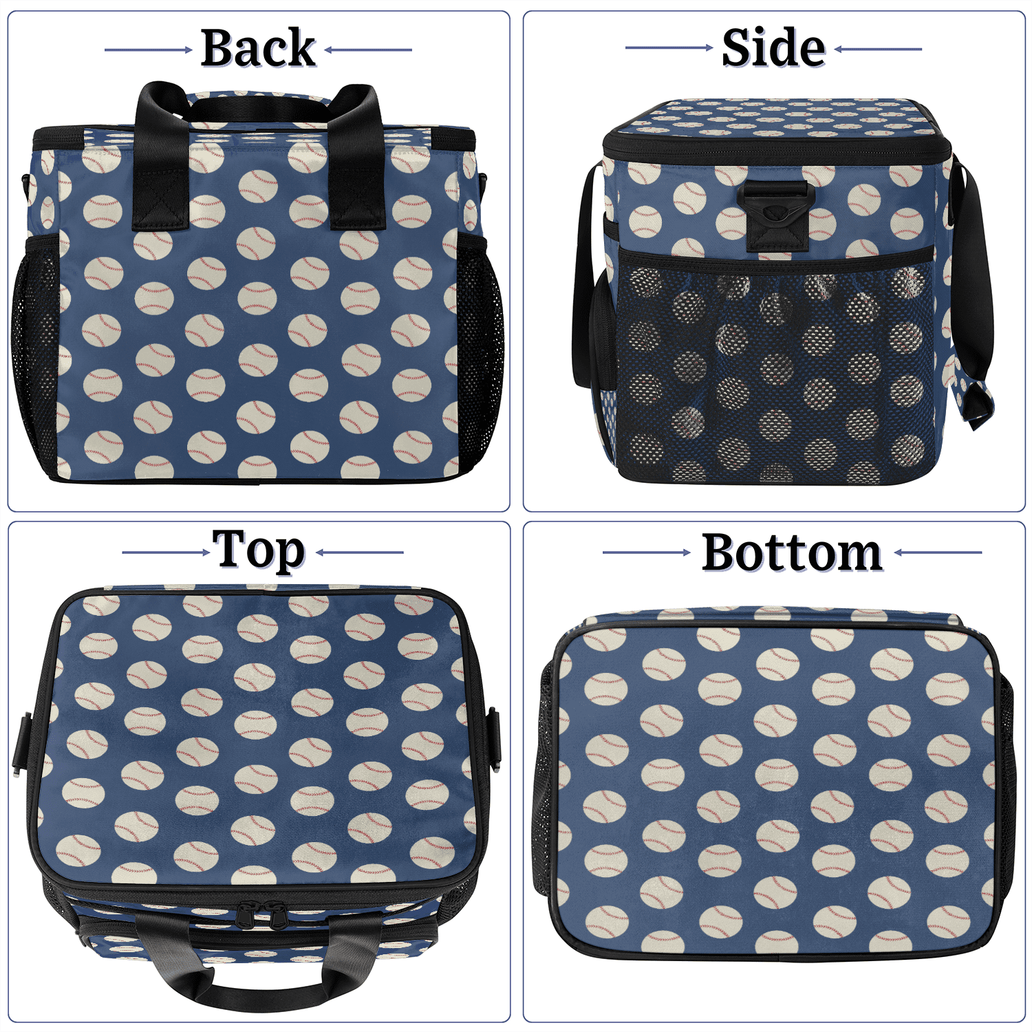 Herdesigns Baseball Navy Blue Insulated Large Lunch Bag Lunchbox Reusable Leakproof Cooler Bags with Shoulder Strap for Adult Men Women Work Picnic
