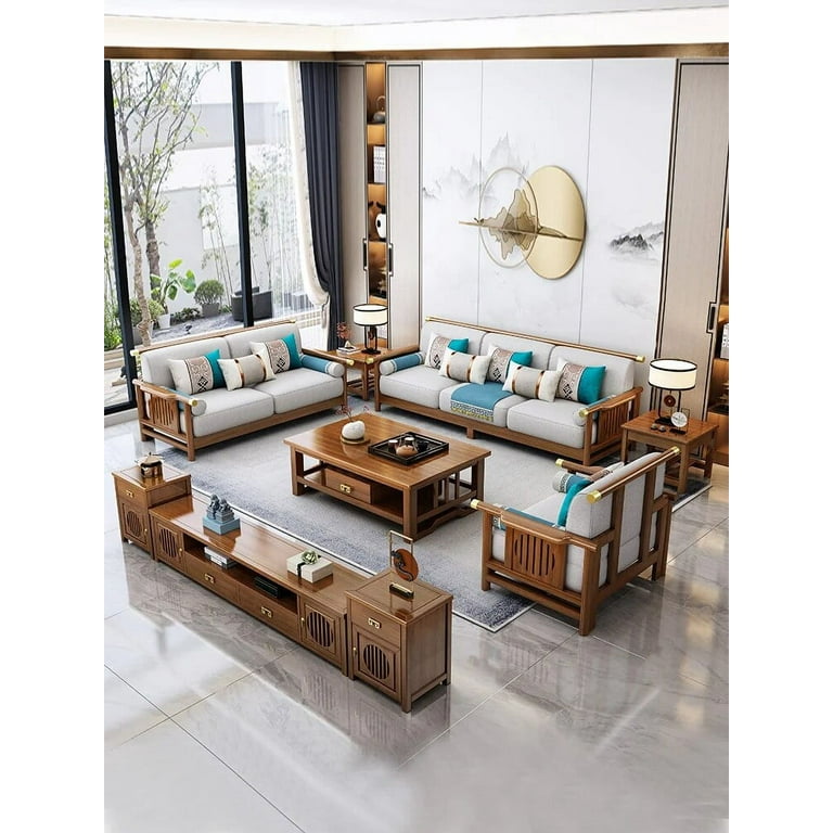 New Chinese style light luxury all solid wood sofa combination Modern Chinese style living room furniture set Wood plus cloth Walmart
