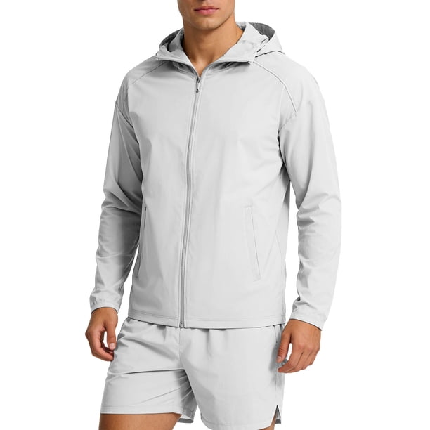 Mens Manga Larga con Capucha Cremallera Cardigan Hielo Seda Fina Chaqueta Protectora Solar para el Uso Diario Al Aire Libre Casual