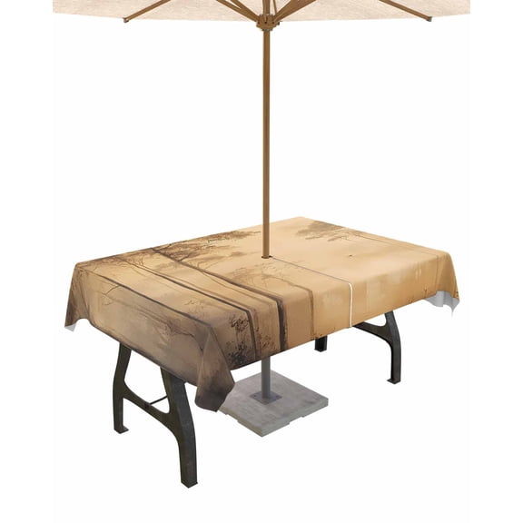 Boanket Outdoor Tablecloth with Umbrella Hole for Patio/Picnic/Party/Camping, Brown Forest Waterproof Table Cloth Rectangle Table Cover Washable, Tree Retro Farmhouse Mysterious (52"x 70")