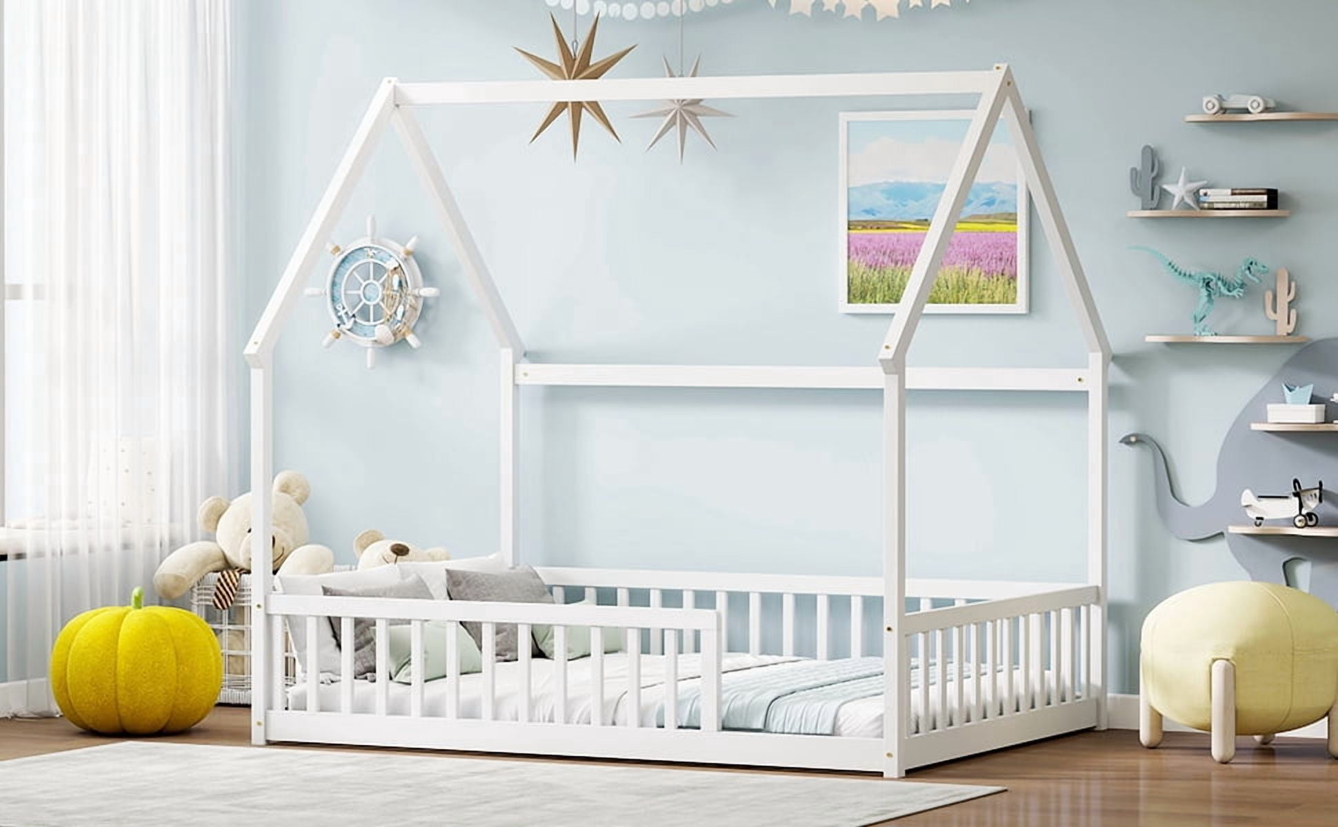 Full Size House Floor Bed with Roof Frame, Pine Wood Floor Bed with Safety Guardrails, White