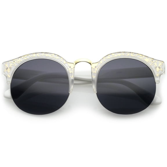 sunglassLA Female Ornate Metal Detail Wide Temple Half Frame Round Semi-Rimless Sunglasses 52mm (Gold-White / Smoke) - 52mm