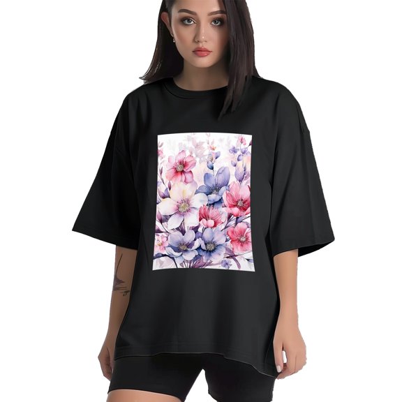 Plus Size Shirt for Women Black Tops for Women Short Sleeves Shirt for Women Flower5 T Shirt Crewneck Shirt for Women XS