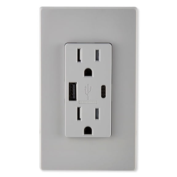 Leviton T5633-GY Decora USB Type-A/Type-C Wall Outlet Charger, 15A, Gray