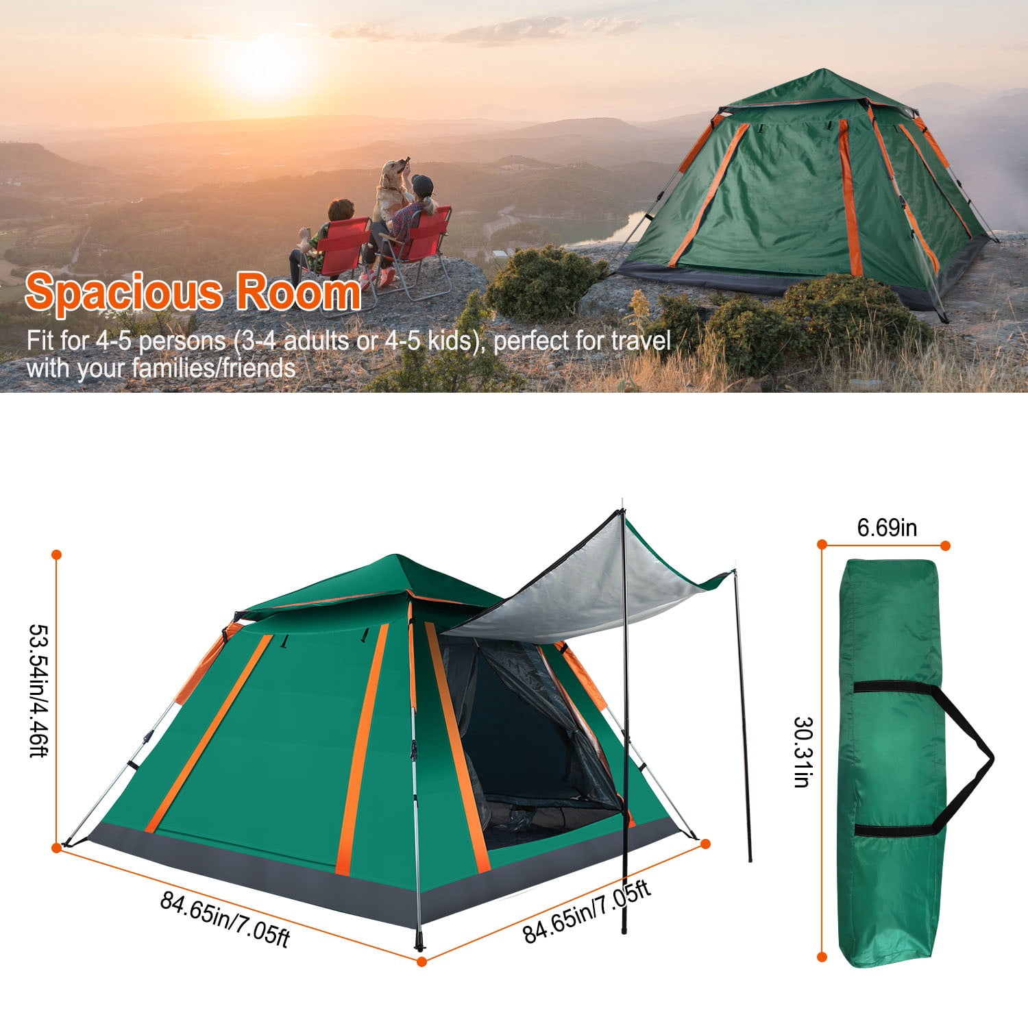 60-Second Setup 4-5 Person Family Camping Tent - Lightweight Portable Dome Tent with Dual Mosquito Net Windows, Waterproof Rainfly for Outdoor, Hiking & Backpacking,Green