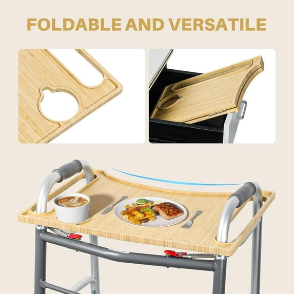 Walker Tray Table,Foldable Walker Accessories Bamboo Tray with Cup Holder,Portable Multipurpose Bamboo Tray for Eating, Crafts, Laptops Medical Equipment Accessories