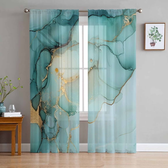 Teal Marble Sheer Curtains 84 Inch Length 2 Panels Set for Living Room/Bedroom, Luxury Ink Painting Abstract Modern Semi Curtain Sheers Drapes Rod Pocket Curtains Window Treatment Set 52''x84''x2