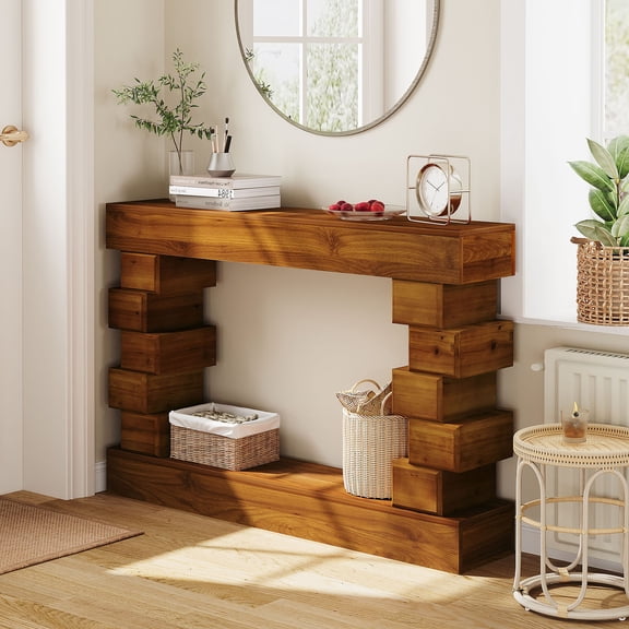 S-HOME Geometric Block Stacked Wood Console Table with Warm Natural Finish Perfect for Living Room and Entryway