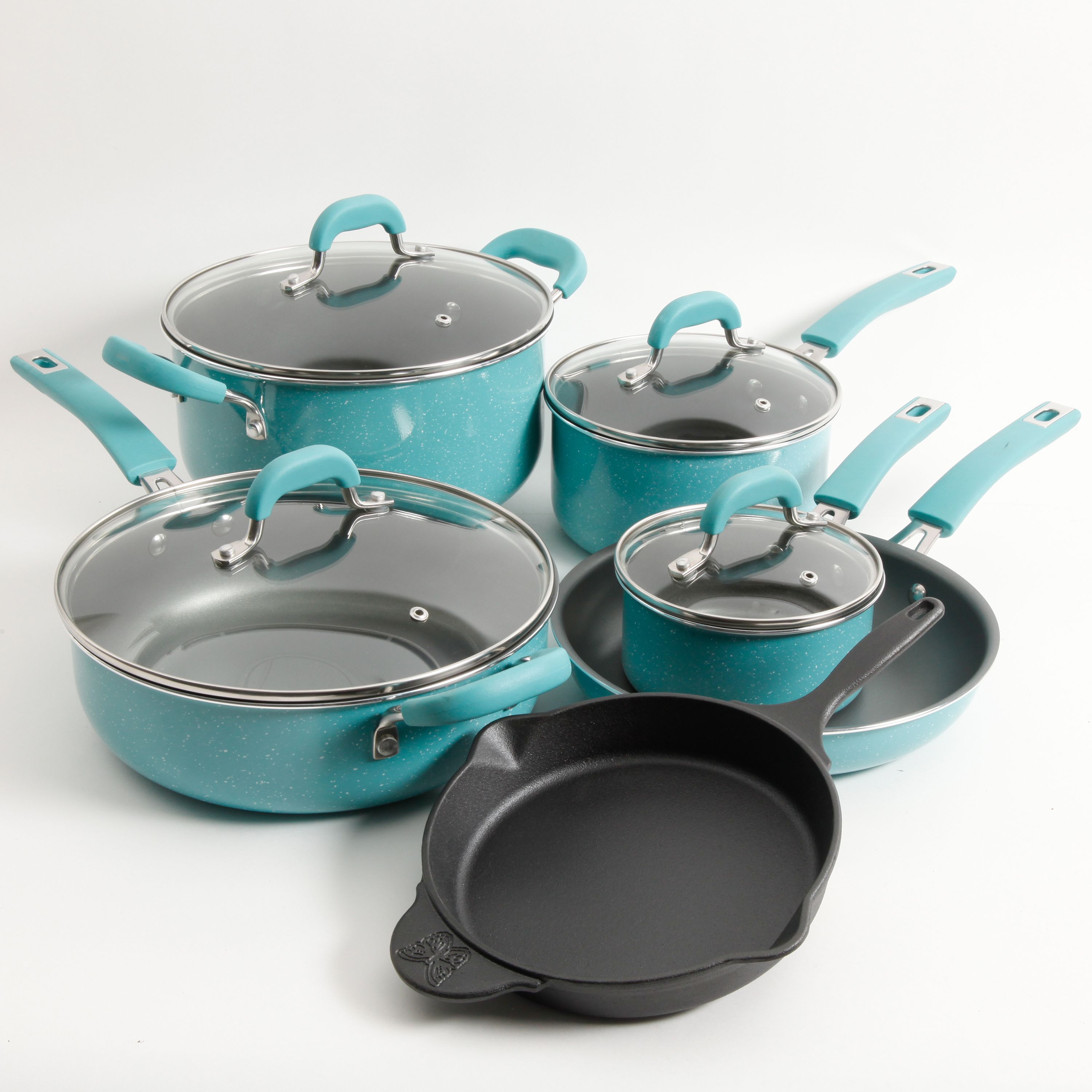 The Pioneer Woman Vintage Speckle & Cast Iron 10-Piece Non-Stick Cookware Set, Turquoise - image 2 of 10
