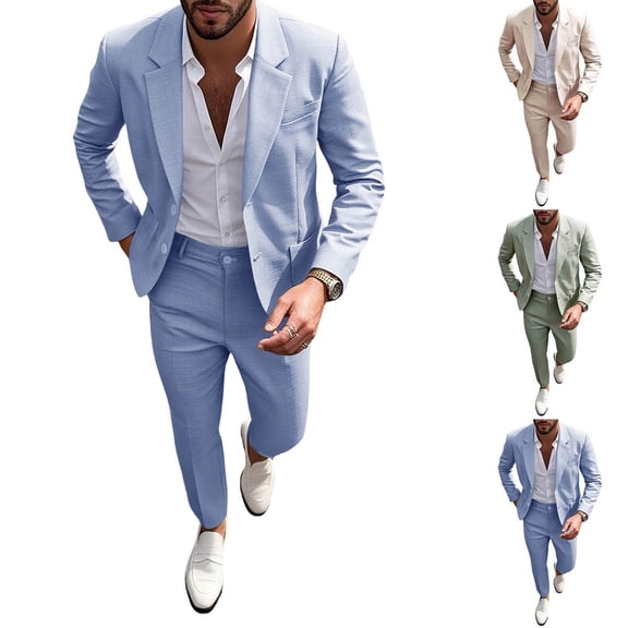 Jerdar Men's 2 PC Suit Set Lapel Blazer Jacket & Dress Pants Solid Color Polyester Spring Summer Slim Fit Business Wedding Party Formal Dinner Casual Suit Outfit