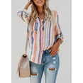 thumbnail image 3 of Borke Womens V Neck Striped Roll up Sleeve Button Down Blouses Top, 3 of 6