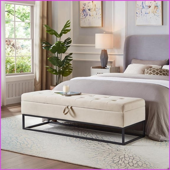Storage Bed Bench with Metal Base 58.6” Wide | Beige | Velvet