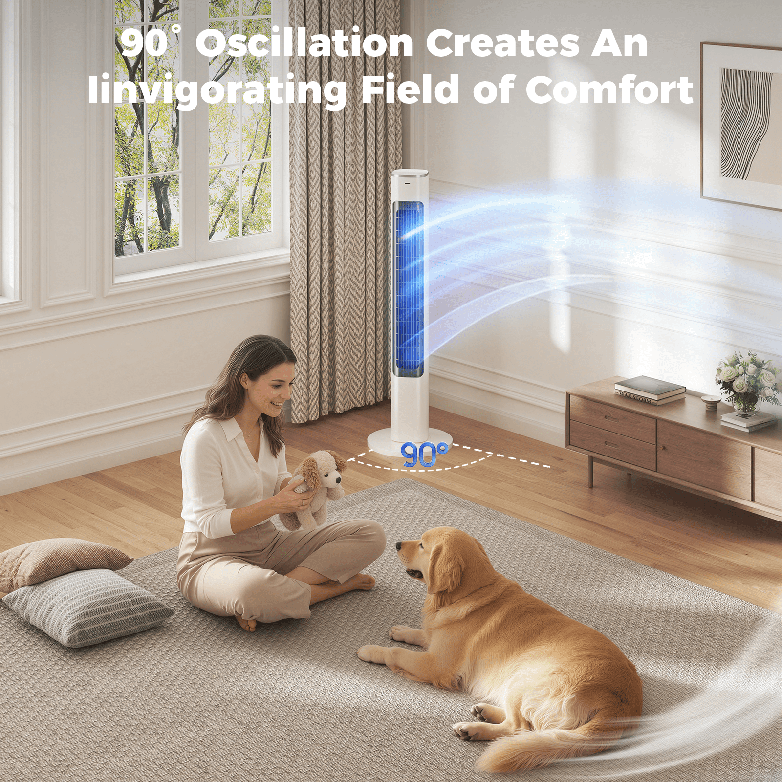 Tower Fan, 40" Electric Fan for Bedroom, 90° Oscillating Stand Fan with Remote, 4 Speeds, 26ft/s, 12H Timer, 28dB, Bladeless Cooling Fans for Home