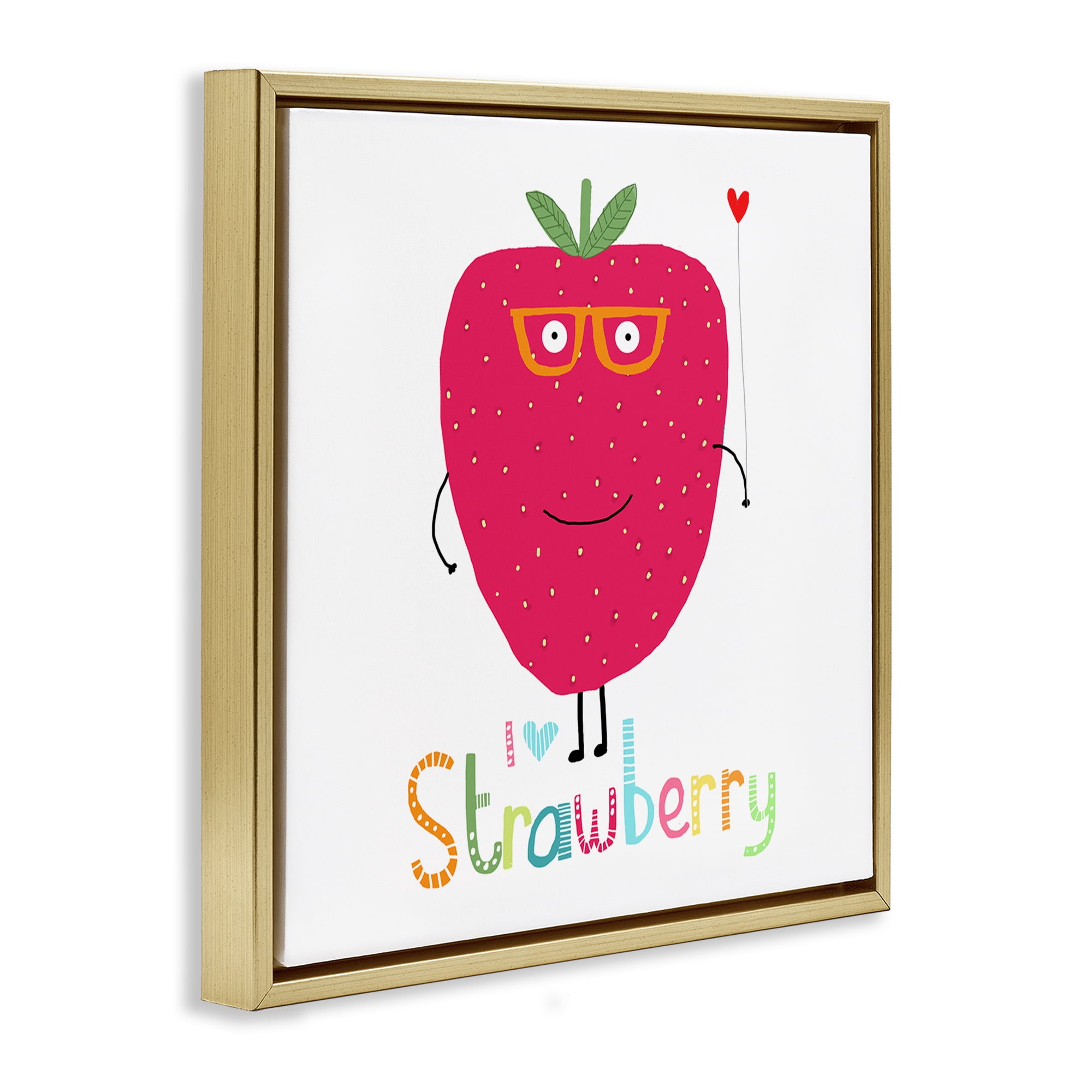 Stupell Industries Fun Smiling Strawberry Food & Beverage Painting Gold Floater Framed Canvas Art Print Wall Art, 18 x 18