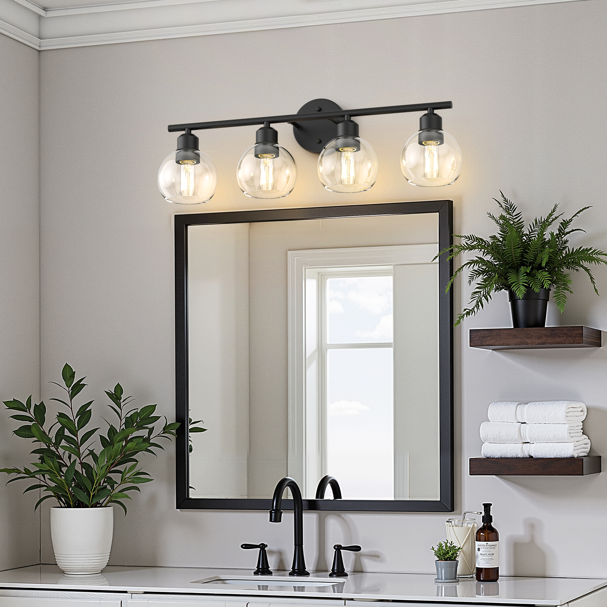 YANSUN 26.37 in 4-Light Bathroom Vanity Light Fixtures Over Mirror, Black Bathroom Light Fixtures with Clear Globe Glass Shades, for Bathroom, Powder Room, Vanity Table