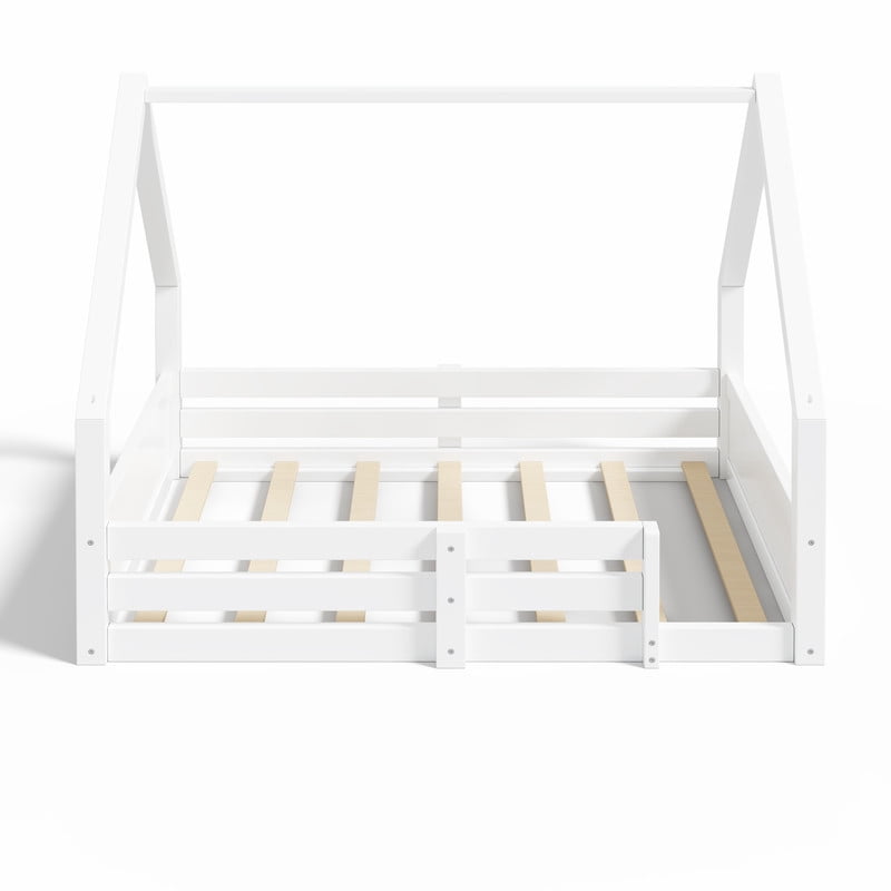 Euroco Wood Full Size Platform Bed, Low Profile House Floor Bed with Guardrails, White