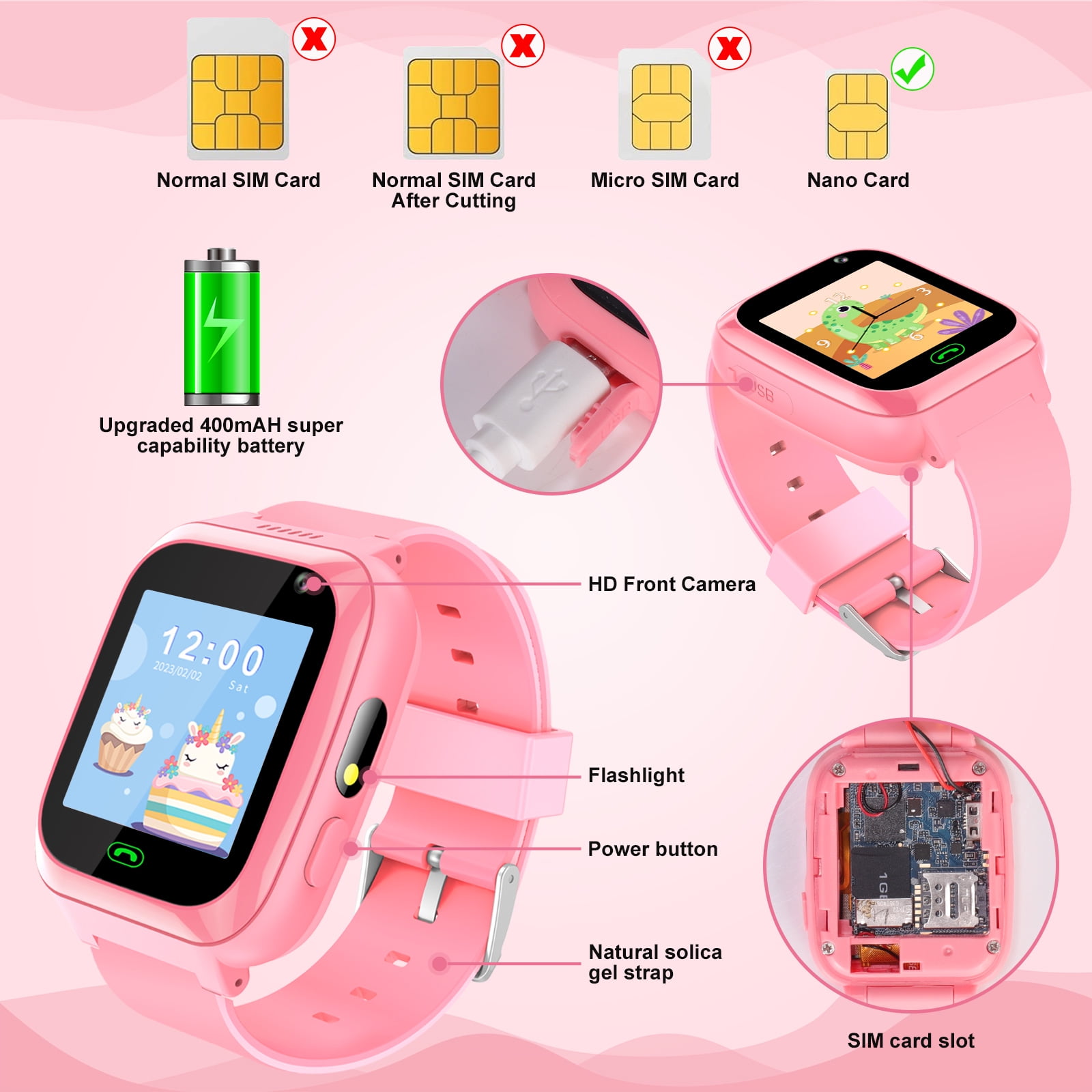 SHANNA Smart Watch for Kids, Kids Smartwatches Phone with Text and Call, Games Camera Alarm Flashlight Music Player for 3-12 Boys Girls, Pink