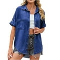 thumbnail image 2 of Meichang Denim Button Down Shirts Women Short Sleeve Lapel Collared T Shirts Loose Fit Casual Beach Tops Summer Jean Blouses with Chest Pockets Dark Blue M, 2 of 6
