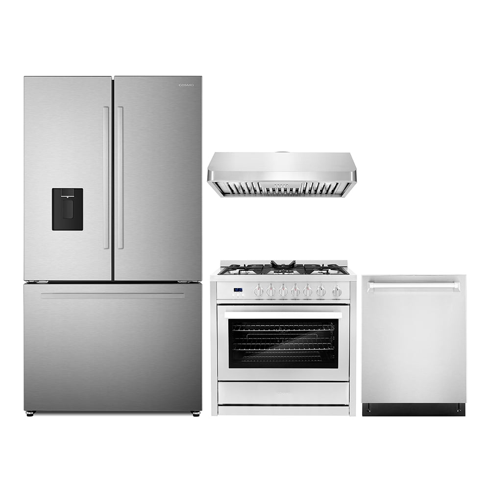 4 Piece Kitchen Package with 36" Freestanding Gas Range 36" Under Cabinet Range Hood 24" Built-in Fully Integrated Dishwasher & French Door Refrigerator