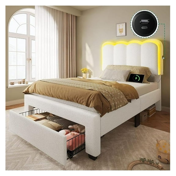 Twin Size Bed Frame with Drawer, Adjustable Headboard with Charging Station and , Upholstered Platform Bed with Heavy Duty Wood Slats, No Box Spring Needed, Easy Assembly, Beige