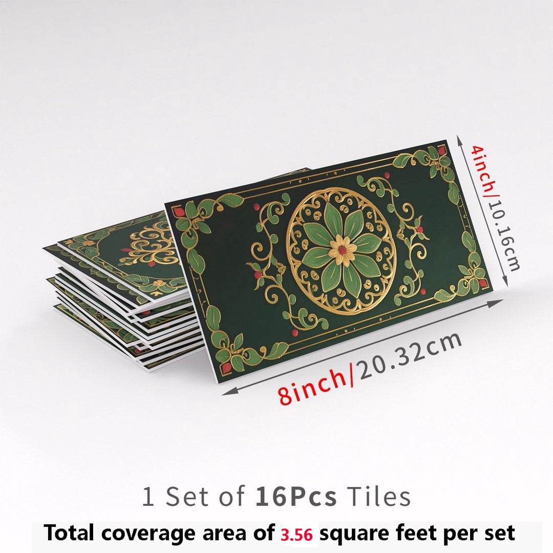 16Pcs Foaming Board Vinyl Tiles Stickers Wall Decals 8" x 4" Green Gold Flowers Pattern Waterproof Peel and Stick Backsplash Mural