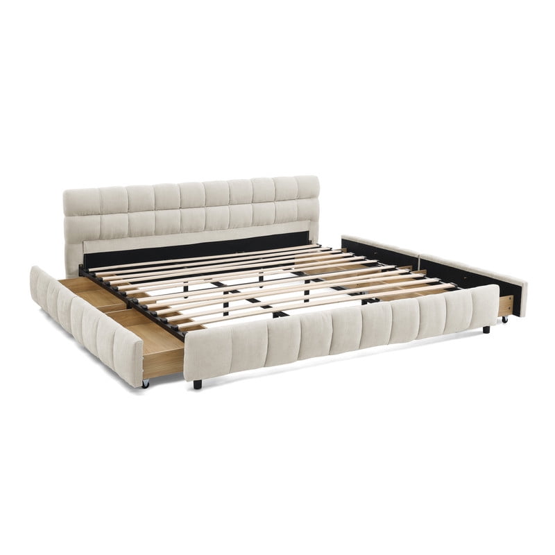 King Size Upholstered Platform Bed with 4 Storage Drawers, Low-Profile Chenille Grounded Bed with Headboard and Solid Frame, No Box Spring Needed