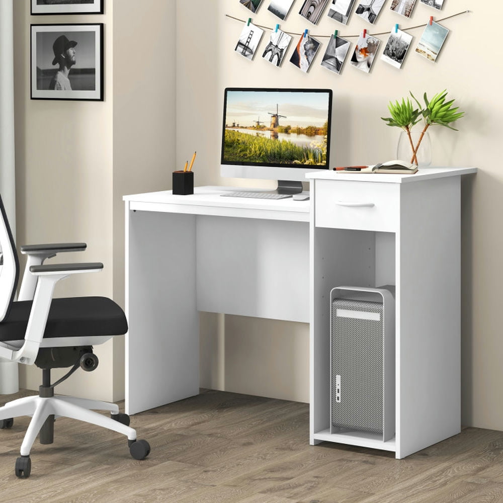 Demi Bonn Computer Desk with Drawer Modern Laptop PC Desk with Adjustable Shelf and Cable Hole, Small Home Office Desk Study Writing Table, White