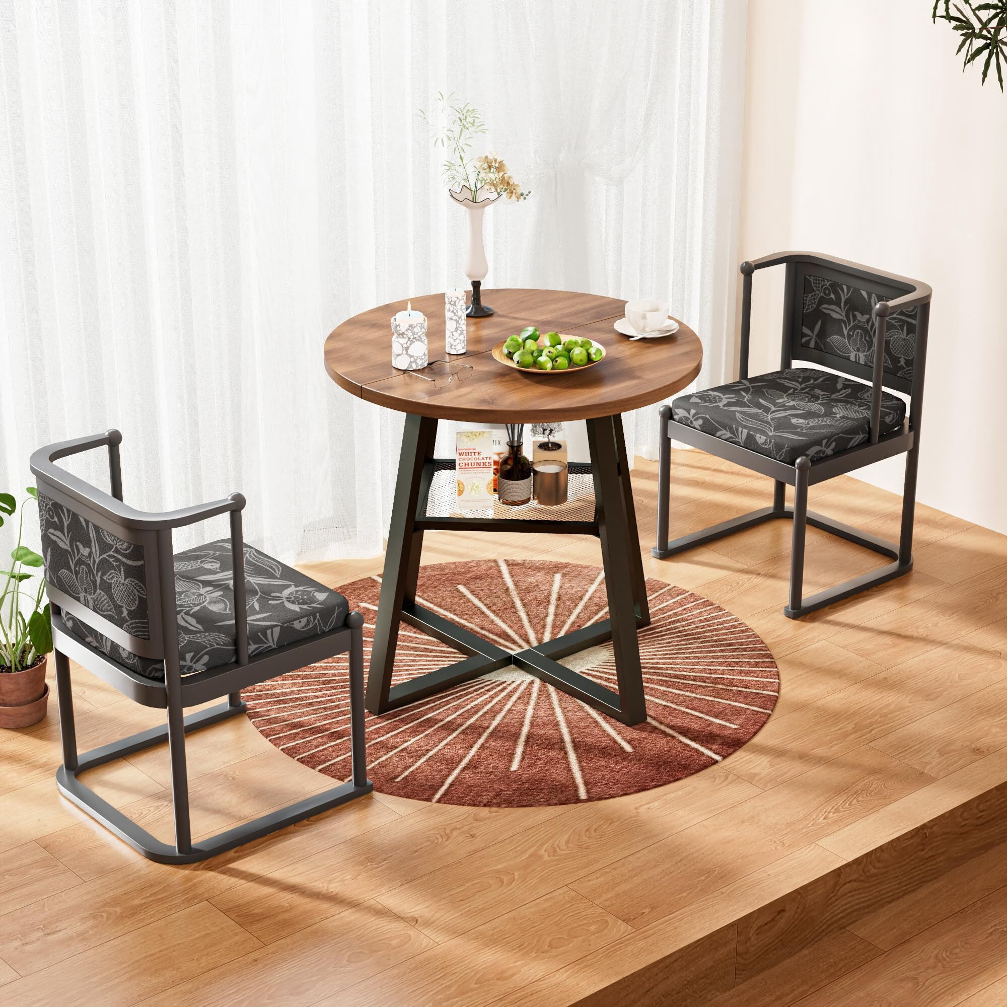 31.5 in Small Round Dining Table for 2–4, Space Saving Kitchen Table with Storage, Mid Century Modern Metal Legs, Walnut