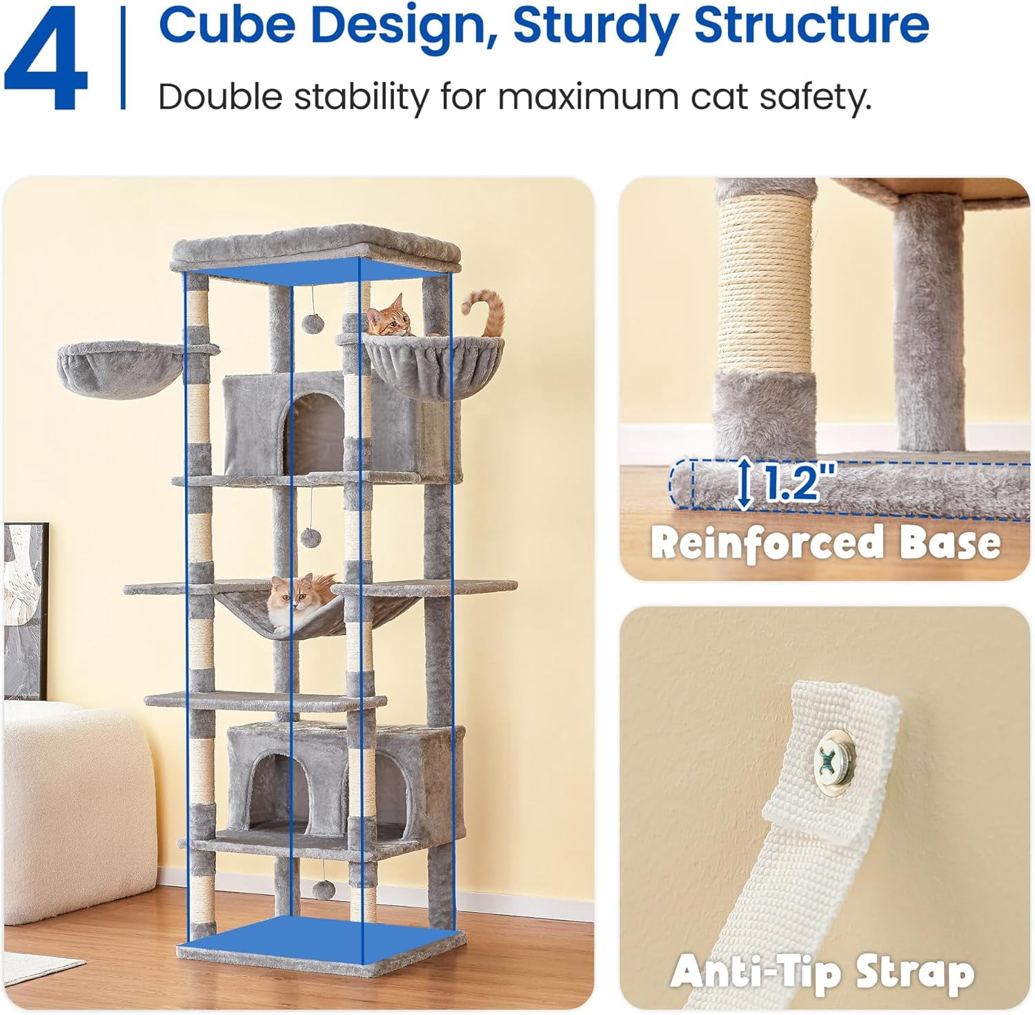 WSWJY Extra Large Cat Tree, 77.6-Inch Tall Cat Tower for Indoor Cats with 2 Condos, Multi-Level Cat Stand for Large Cats, 3 Hammocks, Wide Perch, Scratching Posts, Dangling Toys, Light Grey