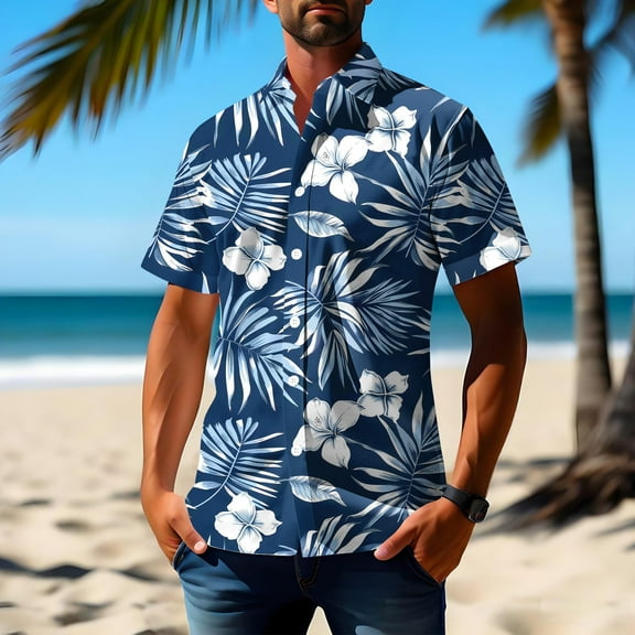Zylanna Men's Hawaiian Shirts, Quickly Dry Casual Turndown Collar Short Sleeve Summer Beach Button Down Shirts Dark Blue Size 4XL