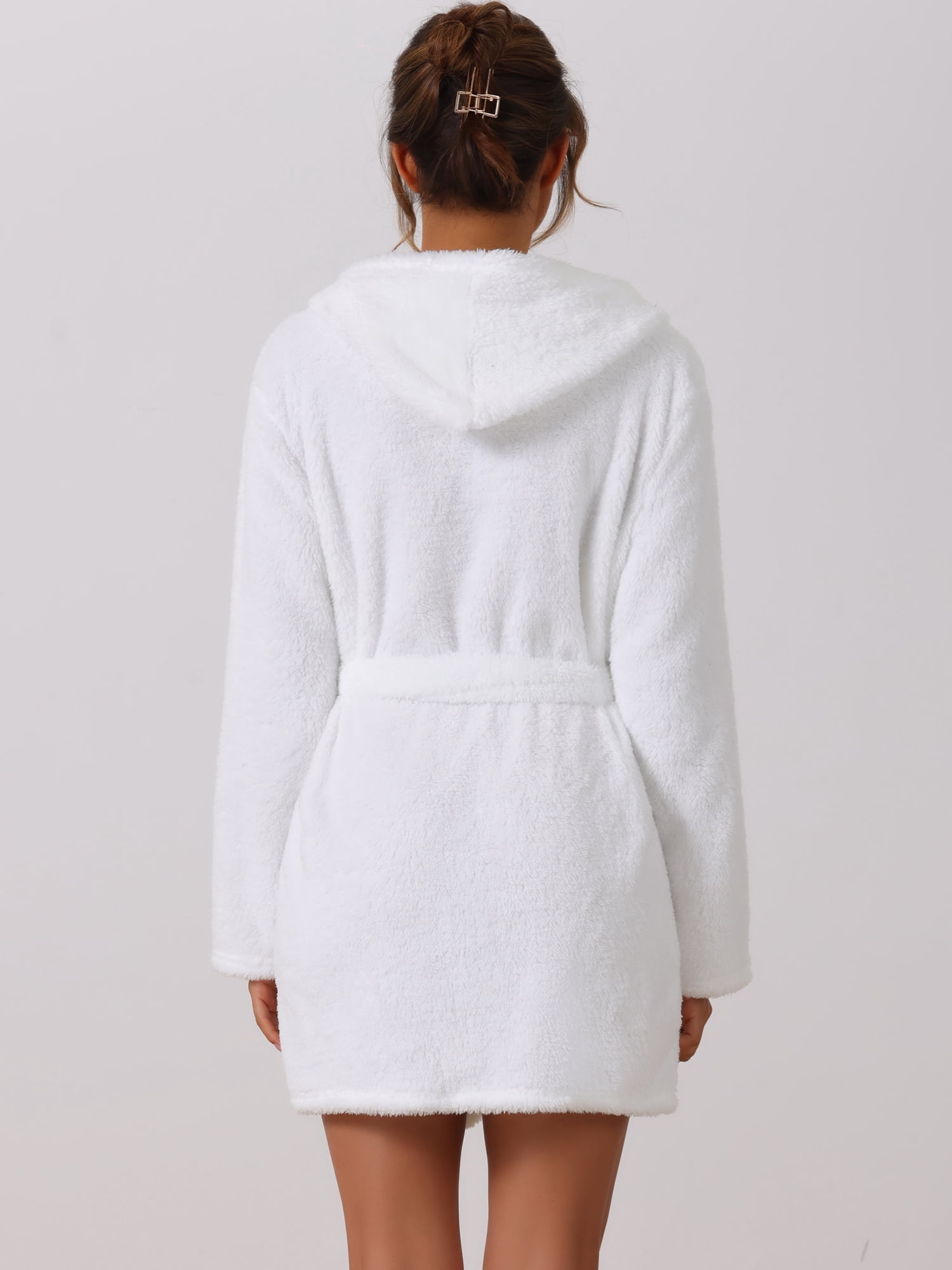 DARING DIVA Fuzzy Hooded Plush Bath Robe Mini Bathrobe S White