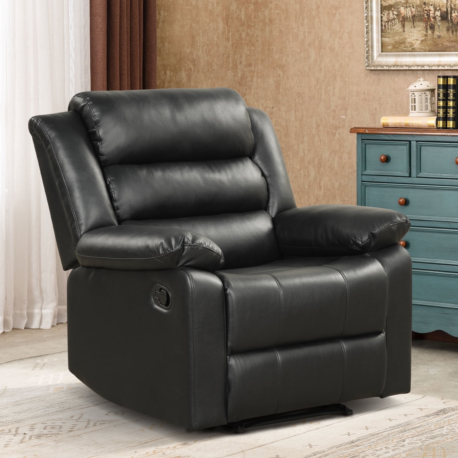 Bonzy Home Recliner Comfortable Arms and Back Faux Leather Reclining Chair Sofa for Living Room Bedroom, Black