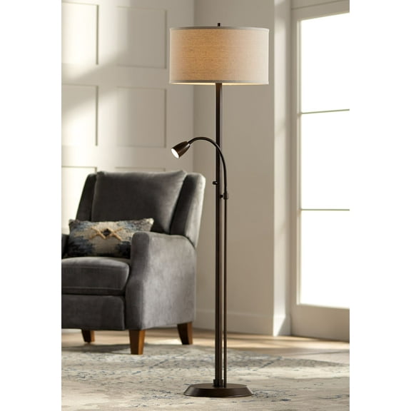 Possini Euro Design Traverse Modern Floor Lamp with LED Gooseneck Reading Light 64" Tall Oil Rubbed Bronze Oatmeal Drum Shade for Living Room Bedroom