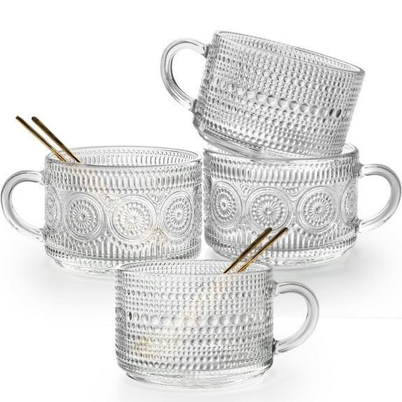 Coffee Cup Vintage Glass Mugs 14 Ounces Set of 4 Embossed Tea Cups Stackable with Four Spoons for Cereal, Yogurt, Latte, Clear Breakfast Cups for Hot or Cold Beverages (2*Flower 2*Beads)