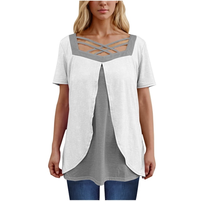Timegard Hauts d'Été pour Femmes Grande Taille Col Carré en V Croisé Manches Courtes Décontracté Confortable Blouse