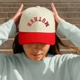 thumbnail image 3 of MOTHER Retro Style Reversed Hat, Two-Tone Trucker Cap with Red Embroidery, Fun and Quirky Snapback for Fashion-Forward Moms, Comfortable and Adjustable, Ideal for Casual Outfits or Photoshoots, 3 of 5