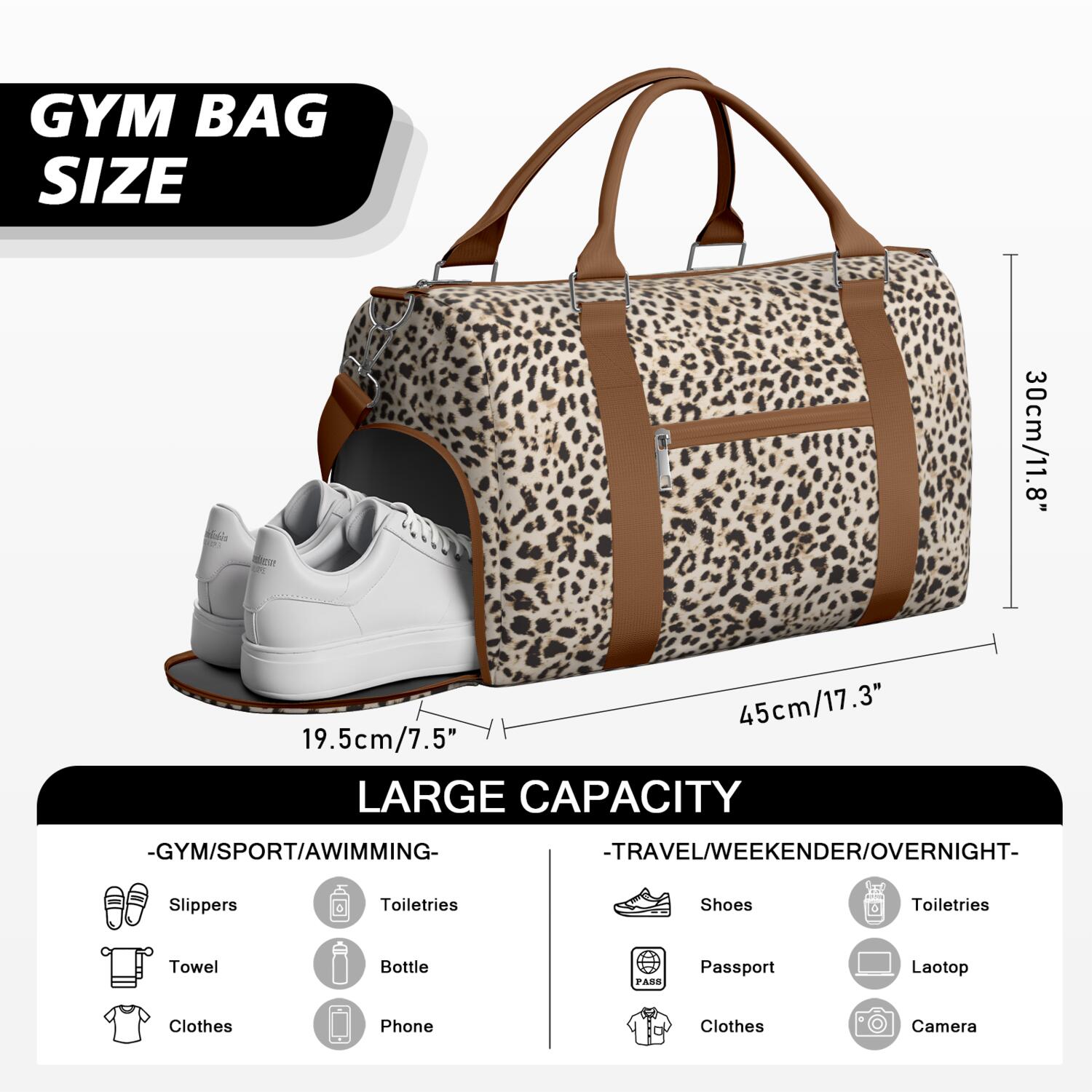 Leopard Womens Gym Tote Duffle Bag with Wet Pocket & Shoe Compartment, Checkered Travel Duffel Bag Overnight Weekender Hospital Tote Girls Workout Carry on Bag with Luggage Sleeve