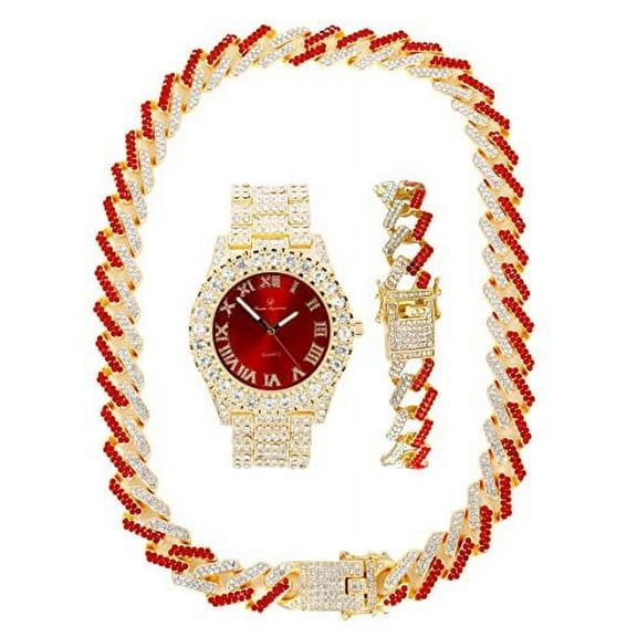 Ice on Blast! Bling'ed Out Hip Hop Rolly Looks w/Ice on Watch & Jewelry -Your Choice of Matching Zig Zag Bling'ed Out Necklace Set or Necklace & Bracelet Set - ZZ Sets (ST10327NB Gold/Blood Red)