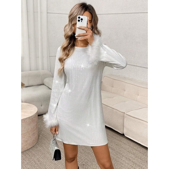 White Sequin Mini Dress With Feather Cuff, Round Neck Long Sleeve Straight Fit For Parties