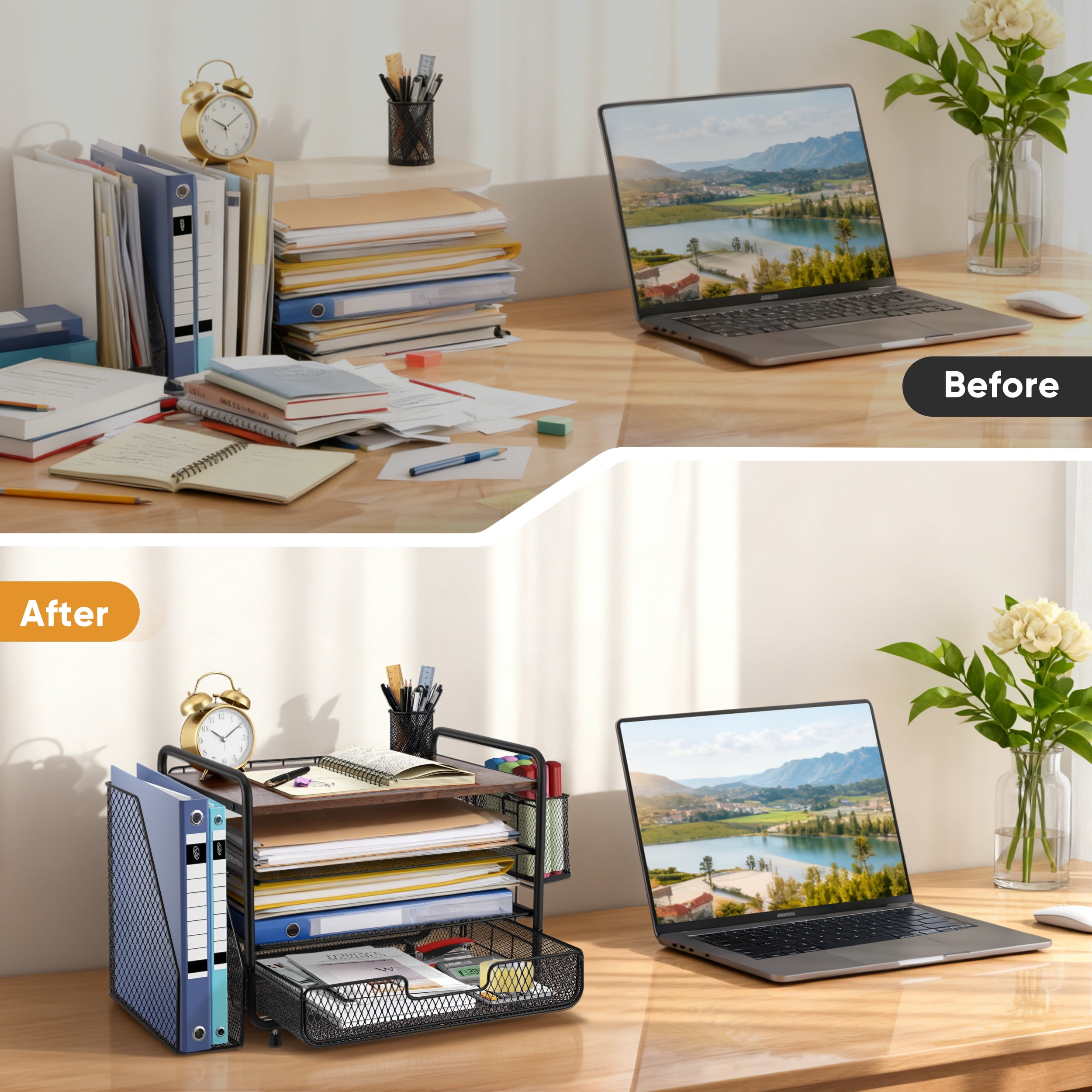 YTAKY Desktop Organizer, 4-Tier Metal Desktop File Organizer with Drawer and Pen Holder,Office Supplies