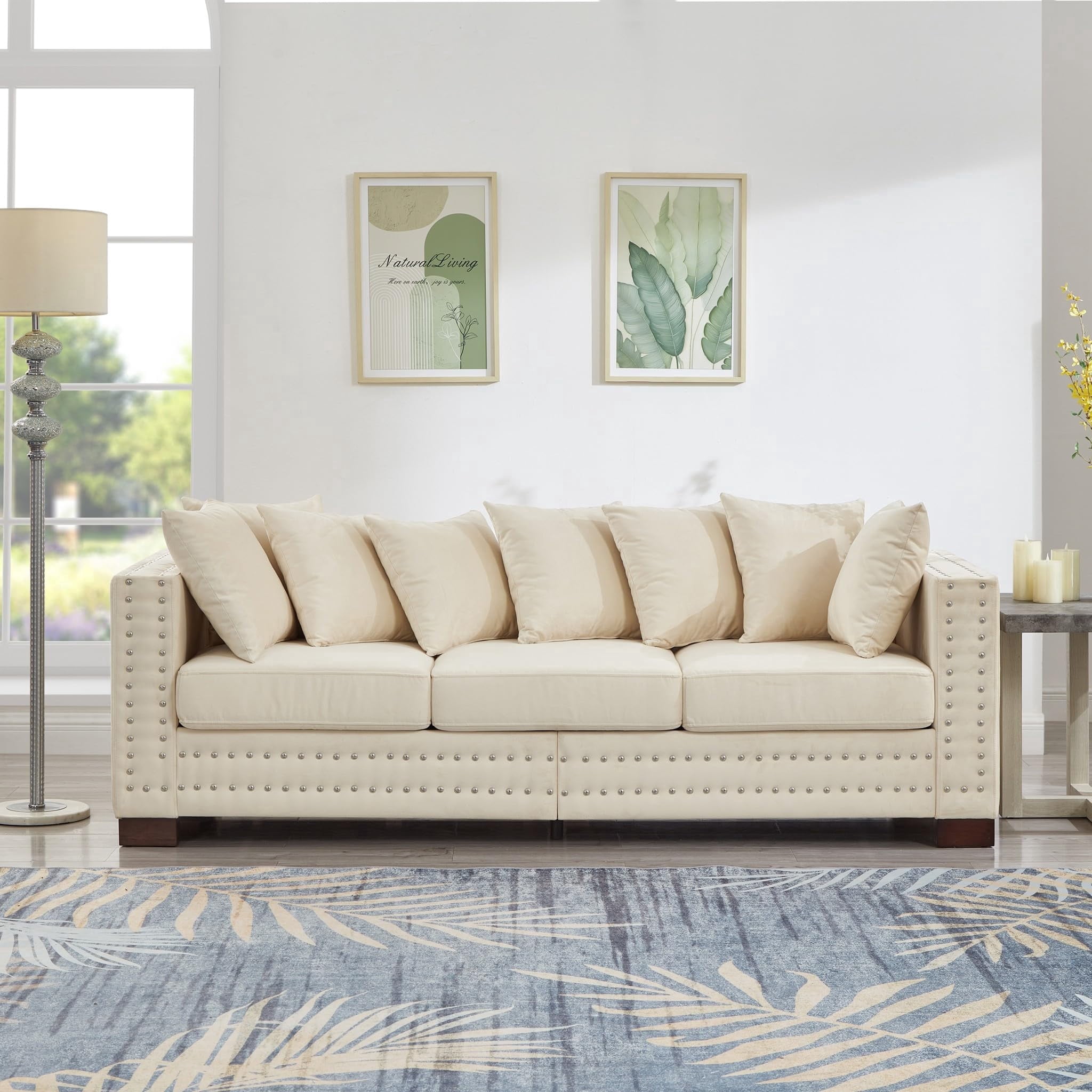 Eyisean 84.5" Velvet Modern Loveseat Sofa for Living Room, 3-Seater Upholstered Tufted Couch with Nailhead Arms & Pillow, Removable/Washable Cushion, Cloud Couch with Storage Space
