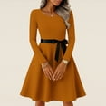 thumbnail image 3 of Women's Midi Dress Long Sleeve Crew Neck Solid Color Vintage Casual Belted Waist Dress for Spring Fall Everyday Wear,Ginger,4XL, 3 of 6