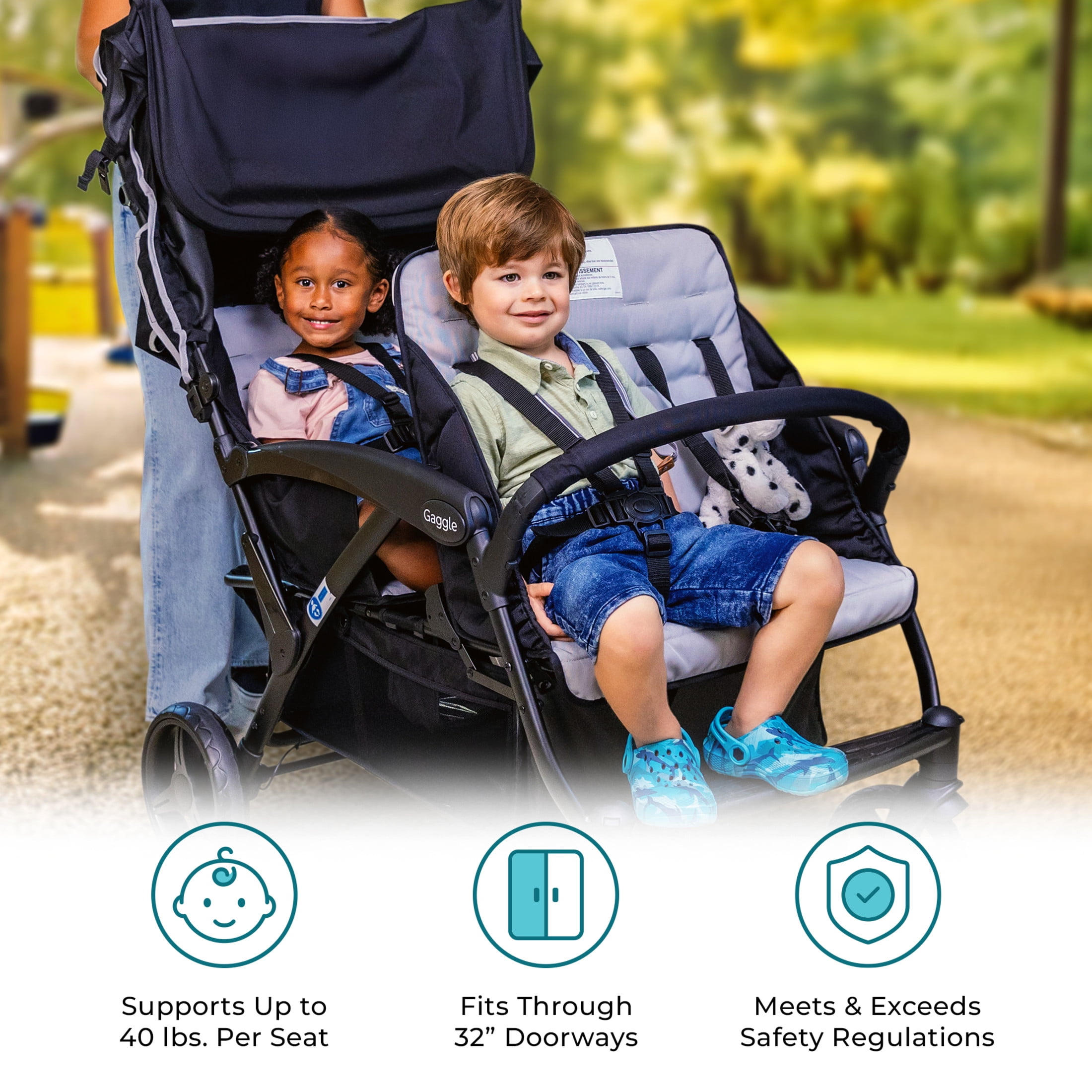 Foundations Gaggle Odyssey 4-Seat Quad Stroller, Reclining Bench Seats with Canopy, Black​