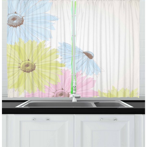 Pastel Curtains 2 Panels Set, Gerbera Daisies Chamomiles in Different ...