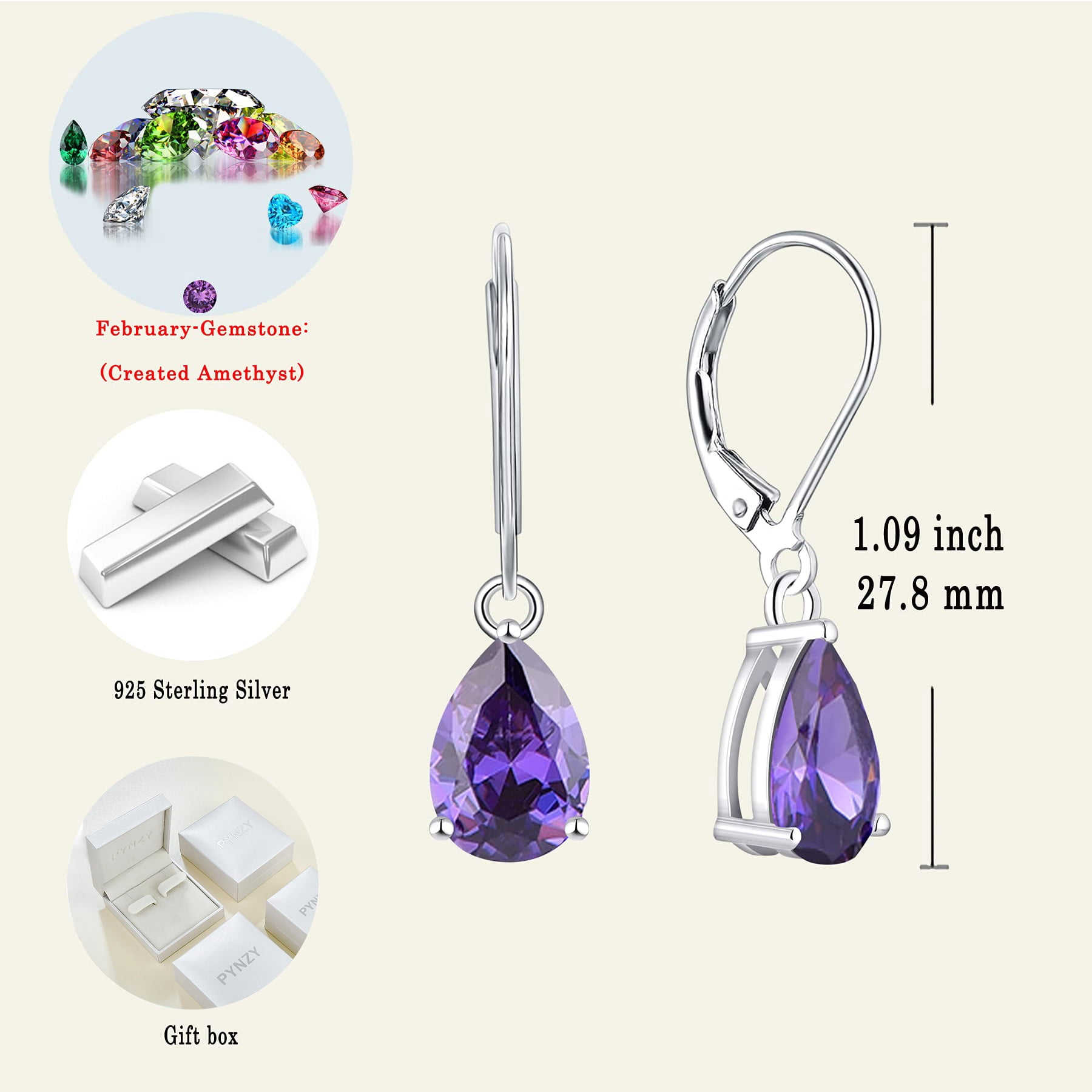 PYNZY Dangle Drop Earrings Sterling Silver Solitaire Leverback Teardrop Earrings for Women Birthstone Created Amethyst Jewelry Gifts for Moms