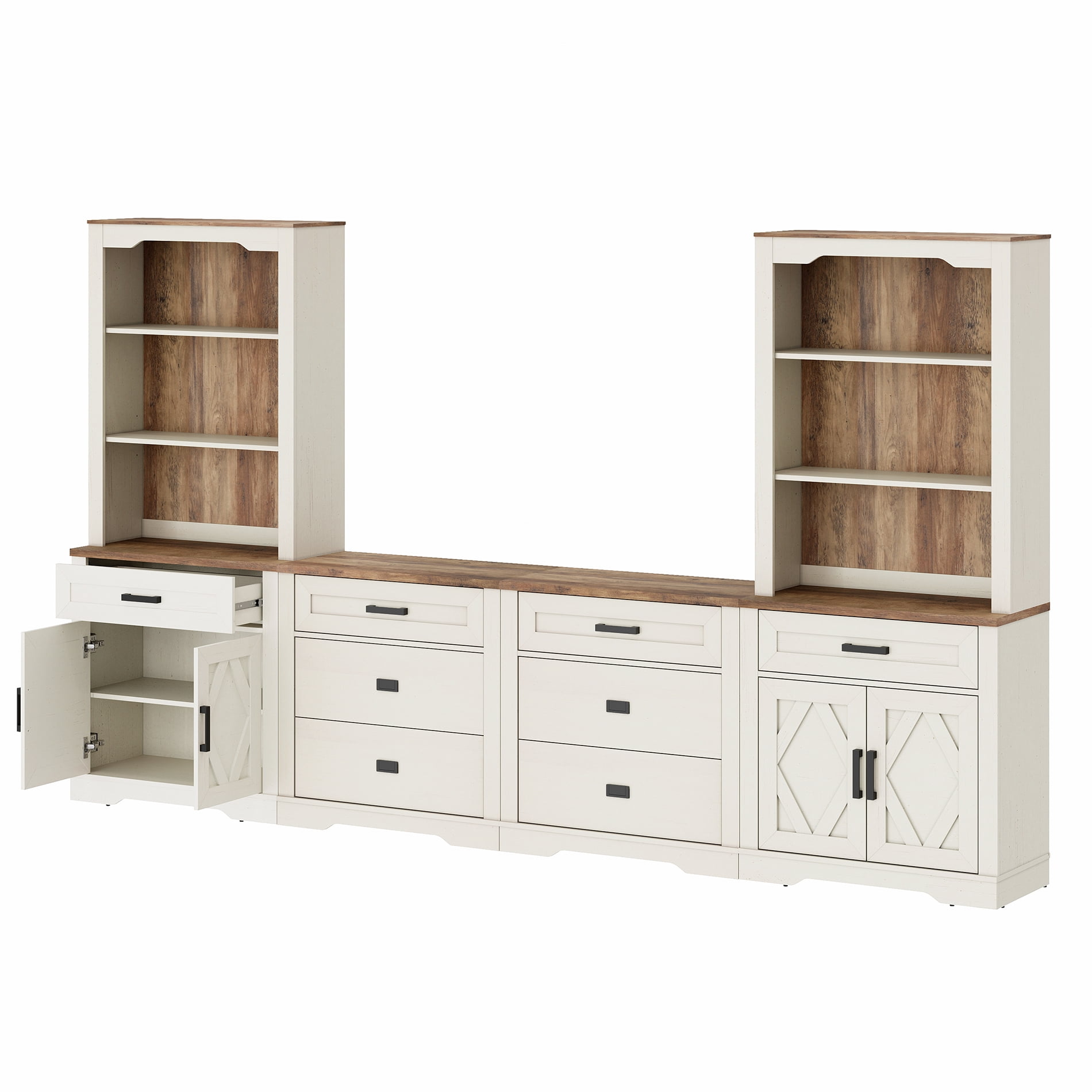 WAMPAT Farmhouse Entertainment Center with Bookshelf for TVs up to 75",Modern TV Stand with 73"H Tall 5-Tier Bookcase with Open Storage and Barn Doors for Living Room,Bedroom,Antique White